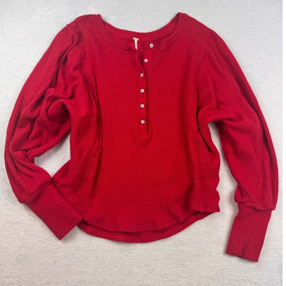 Free People Red Waffle Knit Thermal Henley Puff Sleeve Top Large